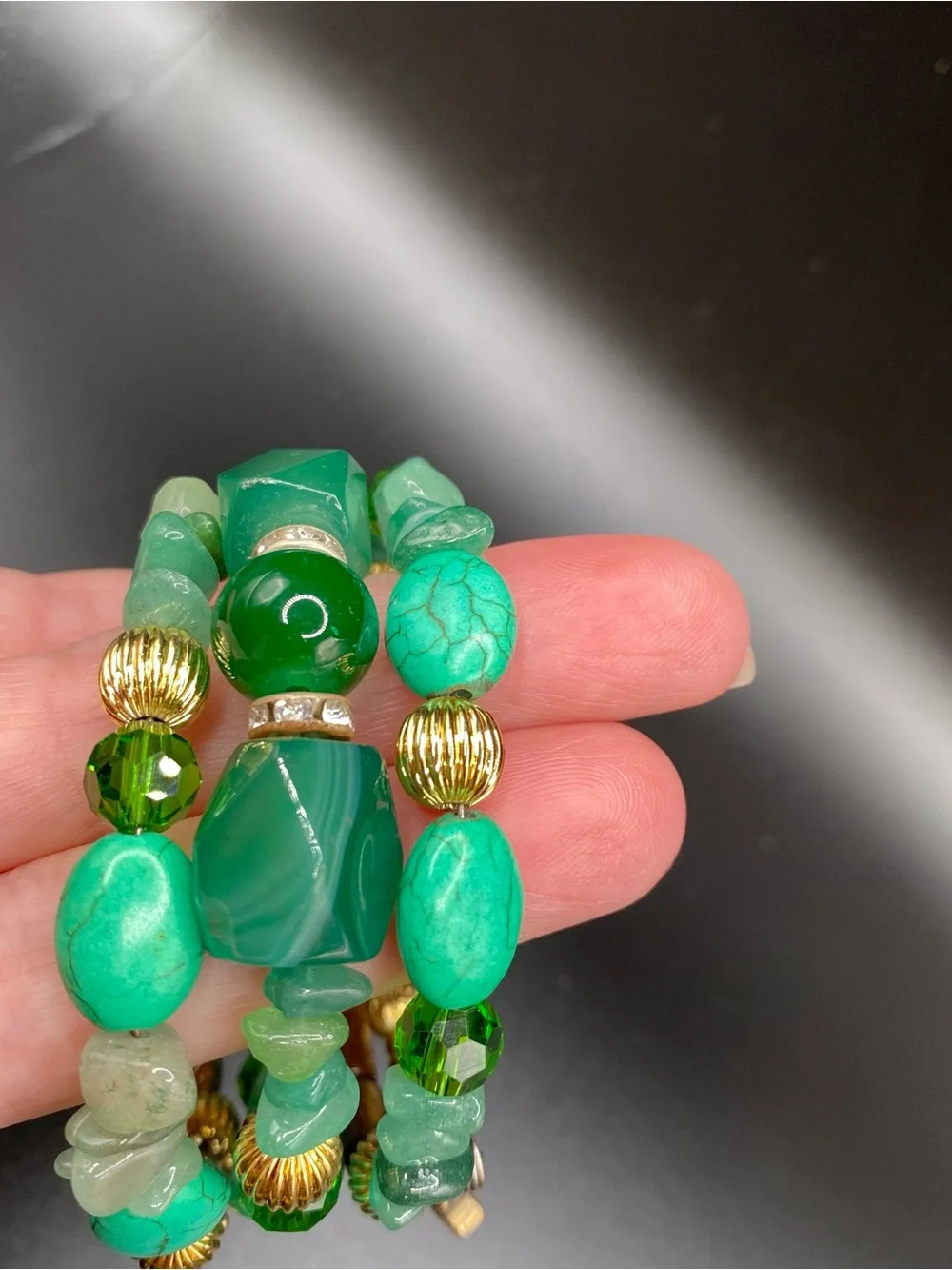 Boho multi strand Green Gold tone & wood Beaded Stretch Bracelet